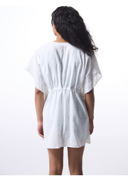 Kırık Beyaz Tilda Bağlama Detaylı V Yaka Mini Kaftan