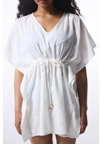 Kırık Beyaz Tilda Bağlama Detaylı V Yaka Mini Kaftan