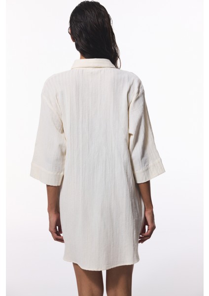 Ekru Kai Kısa Kol Midi Oversize Gömlek