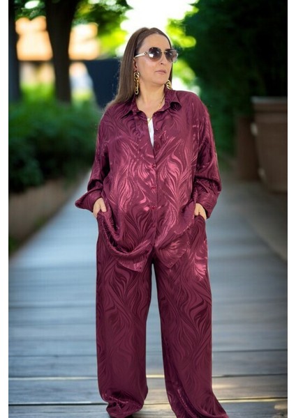Jakarlı Saten Kumaş Önden Düğmeli Uzun Kol Gömlek Beli Lastikli Pantolon Büyük Beden Ikili