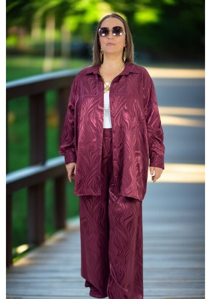 Jakarlı Saten Kumaş Önden Düğmeli Uzun Kol Gömlek Beli Lastikli Pantolon Büyük Beden Ikili fiyatları