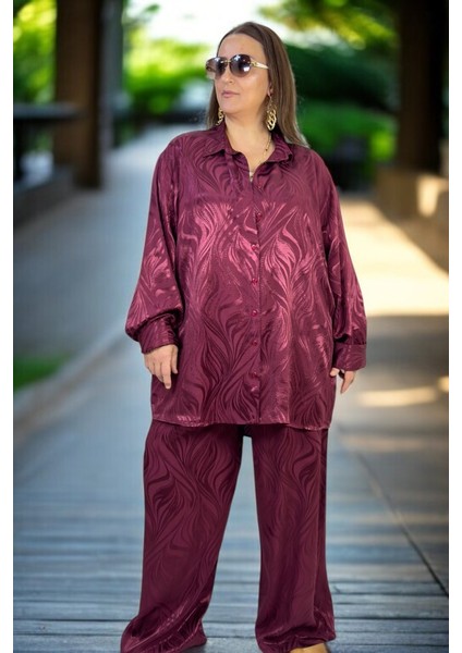 Jakarlı Saten Kumaş Önden Düğmeli Uzun Kol Gömlek Beli Lastikli Pantolon Büyük Beden Ikili fırsatları
