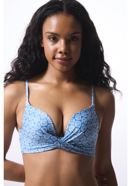Mavi Baklava Desenli Push Up Bikini Üstü