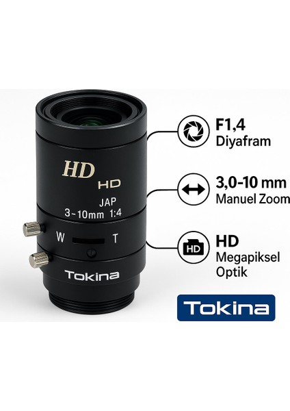 3 Megapiksel Varifokal Lens 3-10 mm F1.4 - 1/3'' CCTV Güvenlik Kamera Lensi TVR0314HD
