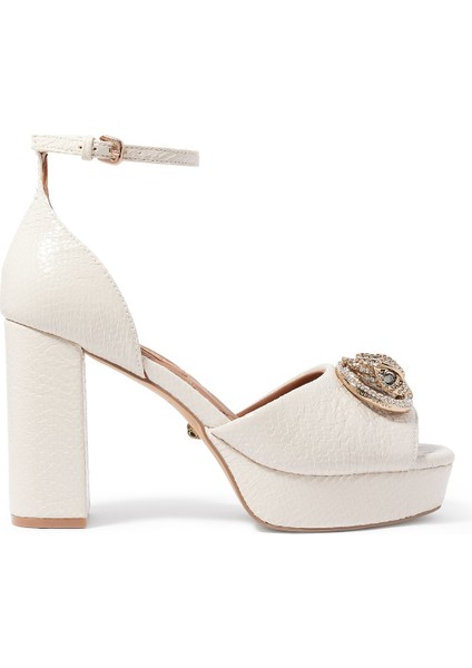 Yılan Derisi Desenli Platform Topuklu Ayakkabı - Off White