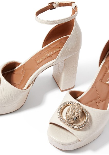 Yılan Derisi Desenli Platform Topuklu Ayakkabı - Off White indirimleri