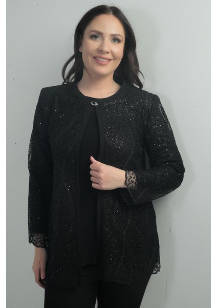 Kadın Uzun Kollu Bluz Pul Işlemeli Dantel Ceket Büyük Beden 2'li Takım