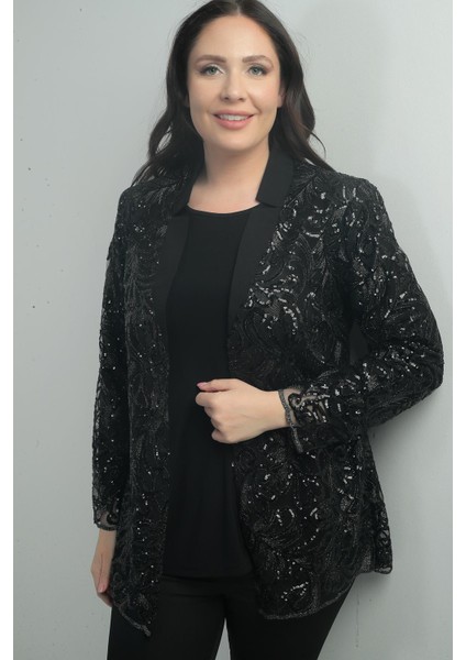 Kadın Pullu Tül Ceket Likralı Uzun Kol Bluz Büyük Beden 2'li Takım