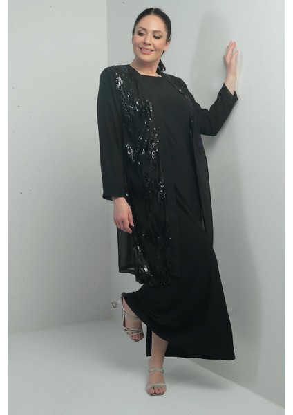 Kadın Önü Pulpayet Şifon Ceket Astarlı Kollu Sandy Uzun Elbise Büyük Beden 2'li Takım