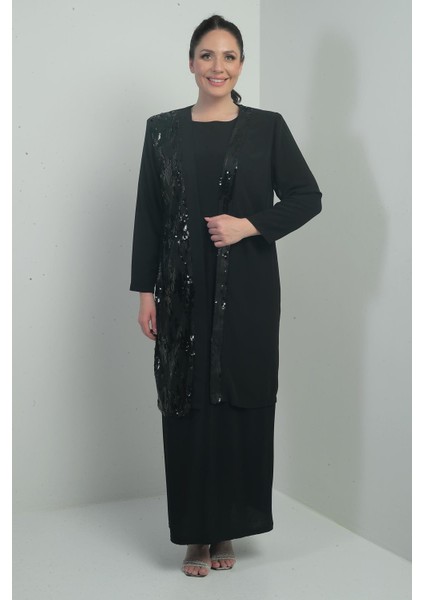 Kadın Önü Pulpayet Şifon Ceket Astarlı Kollu Sandy Uzun Elbise Büyük Beden 2'li Takım fiyatları