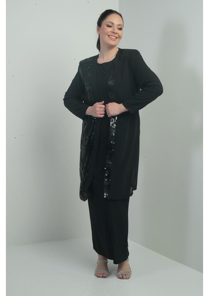 Kadın Önü Pulpayet Şifon Ceket Astarlı Kollu Sandy Uzun Elbise Büyük Beden 2'li Takım fırsatları