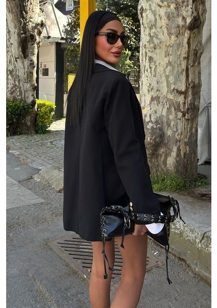 Uzun Kollu ve Düğme Kapamalı Kruvaze Yakalı Oversize Blazer Kadın Keten Ceket Siyah modelleri
