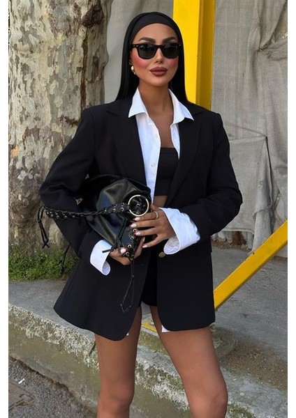 Uzun Kollu ve Düğme Kapamalı Kruvaze Yakalı Oversize Blazer Kadın Keten Ceket Siyah fırsatları