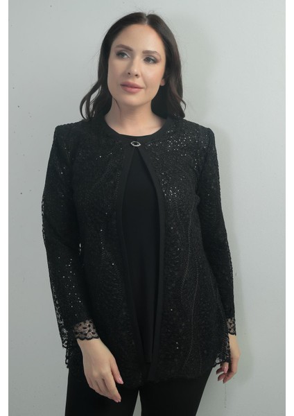 Kadın Uzun Kollu Bluz Pul Işlemeli Dantel Ceket Büyük Beden 2'li Takım modelleri