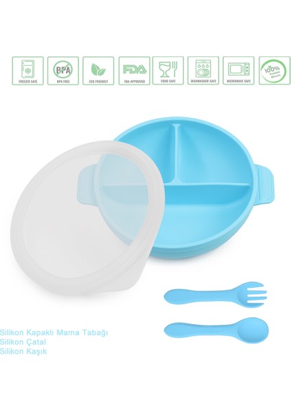 Jojobebek Silikon Beslenme Seti Vakumlu Silikon Mama Tabağı (Kapaklı), Silikon Çatal ve Kaşık /mavi