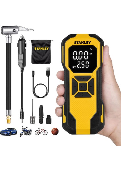SXIF0101 12V / Şarjlı Li-Ion 150 Psı Dijital Göstergeli Akıllı Lastik Şişirme Pompası+Powerbank+Sos+Led Lamba