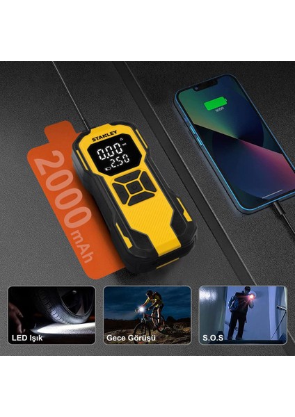 SXIF0101 12V / Şarjlı Li-Ion 150 Psı Dijital Göstergeli Akıllı Lastik Şişirme Pompası+Powerbank+Sos+Led Lamba