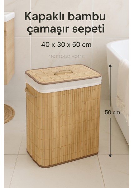 Kapaklı Bambu Çamaşır Sepeti 40X30X50 cm | Doğal Sepet Kirli Çamaşır Kutusu