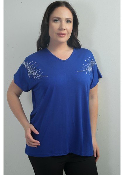 Kadın Omuzu Taş Baskılı V Yaka Yarasa Kol B.b. Bluz
