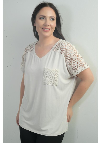 Kadın Omuzu ve Cebi Dantelli Büyük Beden Bluz modelleri