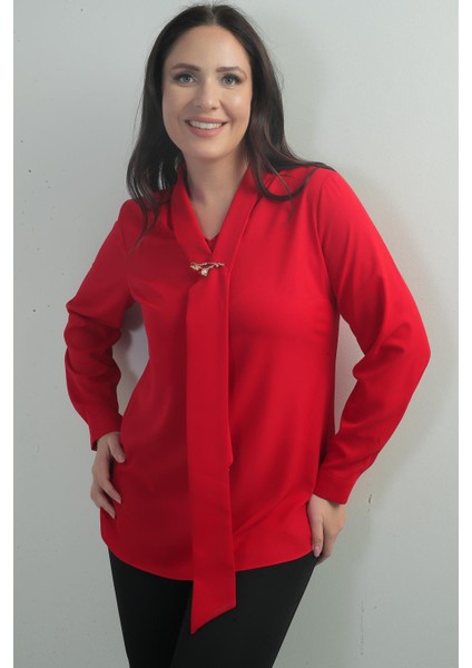 Kadın V Yaka Fularlı Krep Saten Büyük Beden Bluz