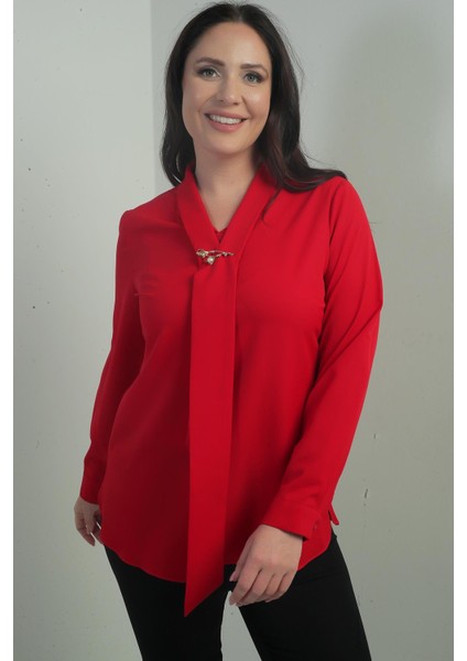 Kadın V Yaka Fularlı Krep Saten Büyük Beden Bluz fiyatları