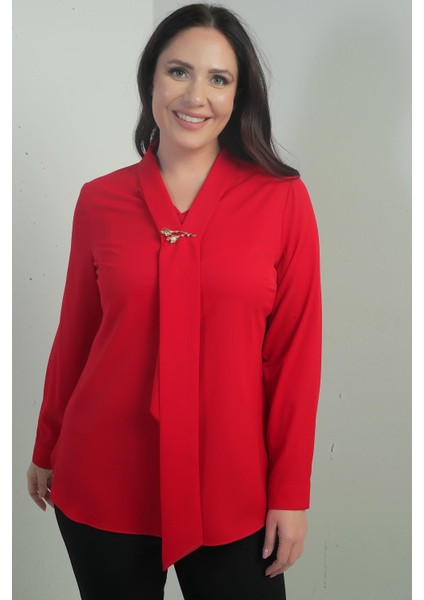 Kadın V Yaka Fularlı Krep Saten Büyük Beden Bluz modelleri