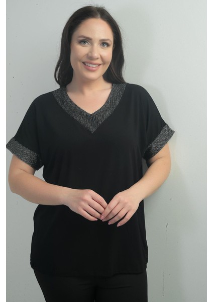 Kadın Yaka ve Kol Ucu Simli File Detaylı Büyük Beden Bluz modelleri