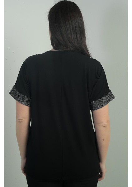 Kadın Yaka ve Kol Ucu Simli File Detaylı Büyük Beden Bluz fırsatları