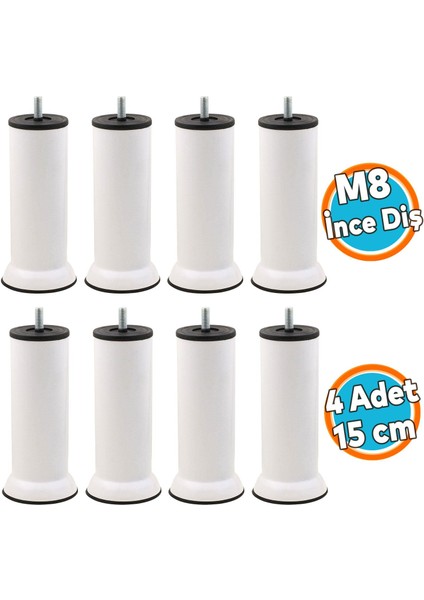 Mobilya Kanepe Baza Koltuk Yükseltici Orta Destek Ayağı M8 Civata Beyaz Metal Ayak 15 cm 4 Adet