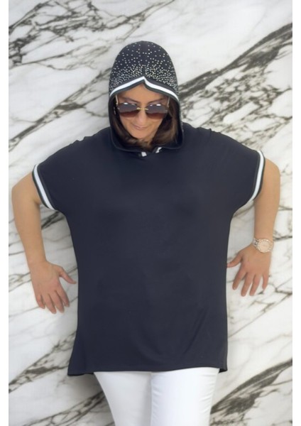 Kapşonu Taş Süslemeli Kol Ağızları Ribanalı Büyük Beden Bluz