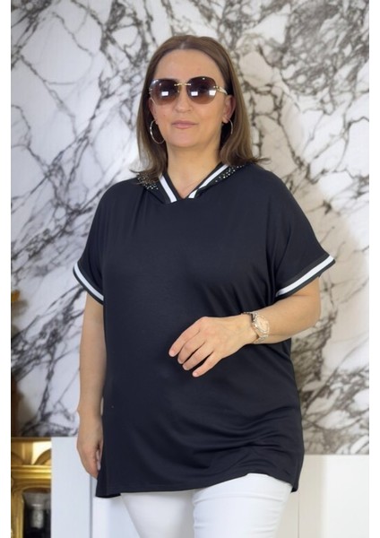 Kapşonu Taş Süslemeli Kol Ağızları Ribanalı Büyük Beden Bluz fırsatları