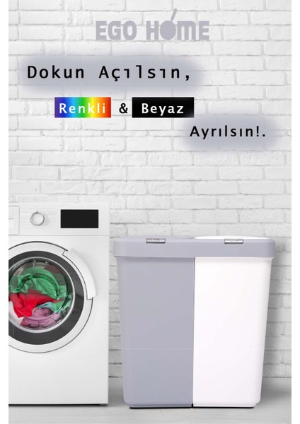 Gri Beyaz Motek Ikili Dokunmatik Kirli Çamaşır Sepeti Çift Bölmeli Otomatik Kapaklı 80 Lt