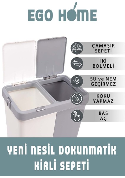 Gri Beyaz Motek Ikili Dokunmatik Kirli Çamaşır Sepeti Çift Bölmeli Otomatik Kapaklı 80 Lt