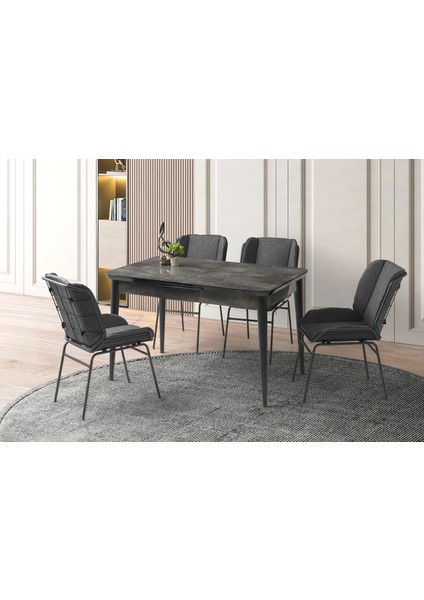 Ortadan Açılır Büyüyen 90 x 160 cm Siyah Mermer Desen Ahşap Salon Yemek Masa Gri Yonca Sandalye Takımı 4 Sandalyeli