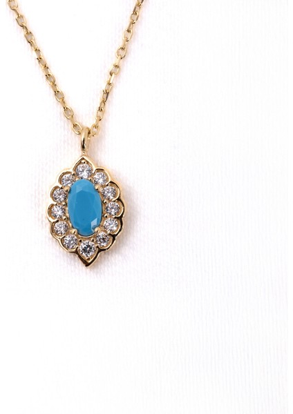 Oval Firuze (Turkuaz) Taşlı Yanları Zirkon Taşla Süslenmiş Modern Tasarım 925 Ayar Gümüş Kolye