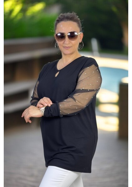 Kolları Inci Süslemeli V Yaka Büyük Beden Bluz indirimleri