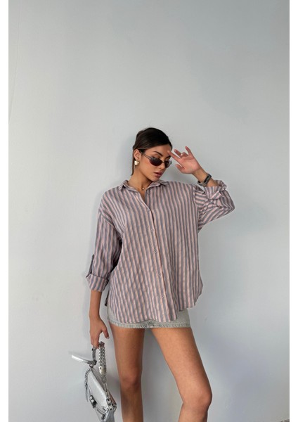 Çizgili Gömlek Keten - Antrasit