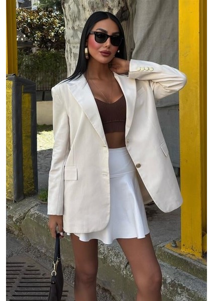 Uzun Kollu ve Düğme Kapamalı Kruvaze Yakalı Oversize Blazer Kadın Keten Ceket Ekru