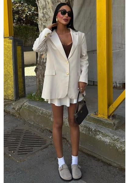 Uzun Kollu ve Düğme Kapamalı Kruvaze Yakalı Oversize Blazer Kadın Keten Ceket Ekru indirimleri