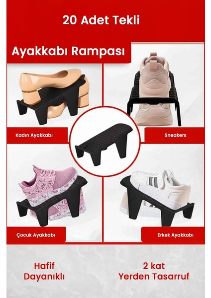 20 Adet Tekli Ayakkabı Rampası, Dolap Içi Düzenleyici, 2 Kat Yer Açan Ayakkabılık Organizer