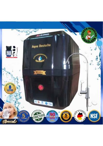 Pompalı Montaj Dahil 8 Litre Antibakteriyel Çelik Tanklı 90 Gpd Nano Membranlı Gümüş Iyon Kompozit Tatlandırıcılı Su Arıtma Cihazı