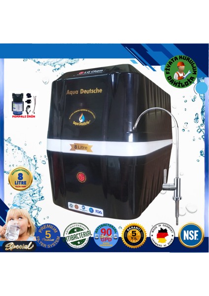Pompalı Montaj Dahil 8 Litre Antibakteriyel Çelik Tanklı 90 Gpd Nano Membranlı Gümüş Iyon Kompozit Tatlandırıcılı Su Arıtma Cihazı