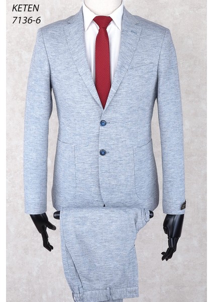 Keten Torba Cep Ipli Lastikli Pantolon Slim Fit Mono Yaka-Çift Yırtmaç Astarsız Drop 6 Takım Elbise