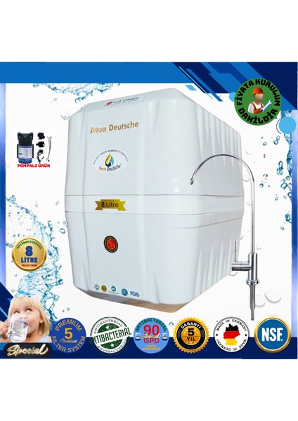 Pompalı Montaj Dahil 8 Litre Antibakteriyel Çelik Tanklı 90 Gpd Nano Membranlı Gümüş Iyon Kompozit Tatlandırıcılı Su Arıtma Cihazı