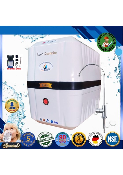 Pompalı Montaj Dahil 8 Litre Antibakteriyel Çelik Tanklı 90 Gpd Nano Membranlı Gümüş Iyon Kompozit Tatlandırıcılı Su Arıtma Cihazı