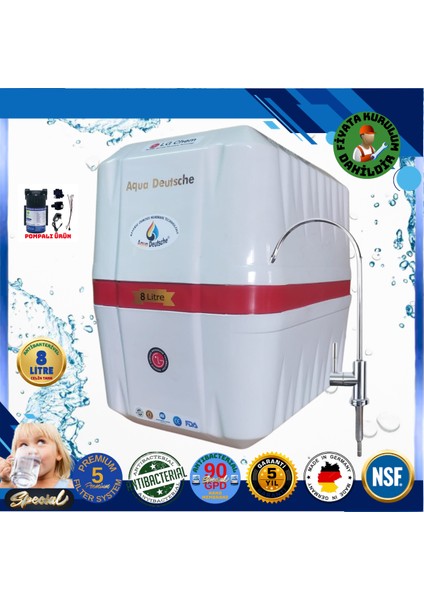 Pompalı Montaj Dahil 8 Litre Antibakteriyel Çelik Tanklı 90 Gpd Nano Membranlı Gümüş Iyon Kompozit Tatlandırıcılı Su Arıtma Cihazı
