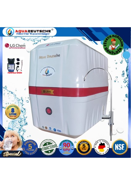 Pompalı Montaj Dahil 8 Litre Antibakteriyel Çelik Tanklı 90 Gpd Nano Membranlı Gümüş Iyon Kompozit Tatlandırıcılı Su Arıtma Cihazı