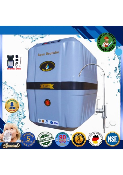 Pompalı Montaj Dahil 8 Litre Antibakteriyel Çelik Tanklı 90 Gpd Nano Membranlı Gümüş Iyon Kompozit Tatlandırıcılı Su Arıtma Cihazı