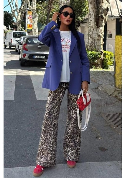 Uzun Kollu ve Düğme Kapamalı Kruvaze Yakalı Oversize Blazer Kadın Keten Ceket Indigo